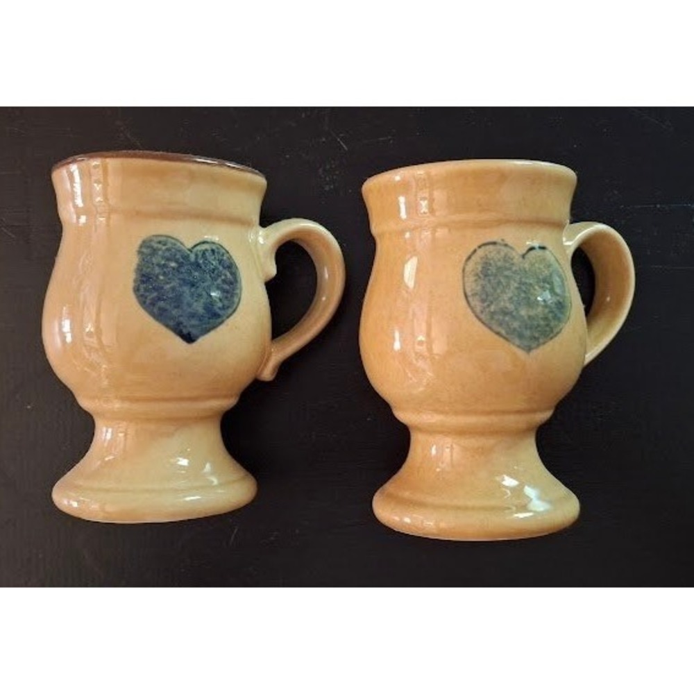 Vintage Pfaltzgraff Blue Heart Stoneware Mugs Set of 2 Tan Footed Coffee Cups
